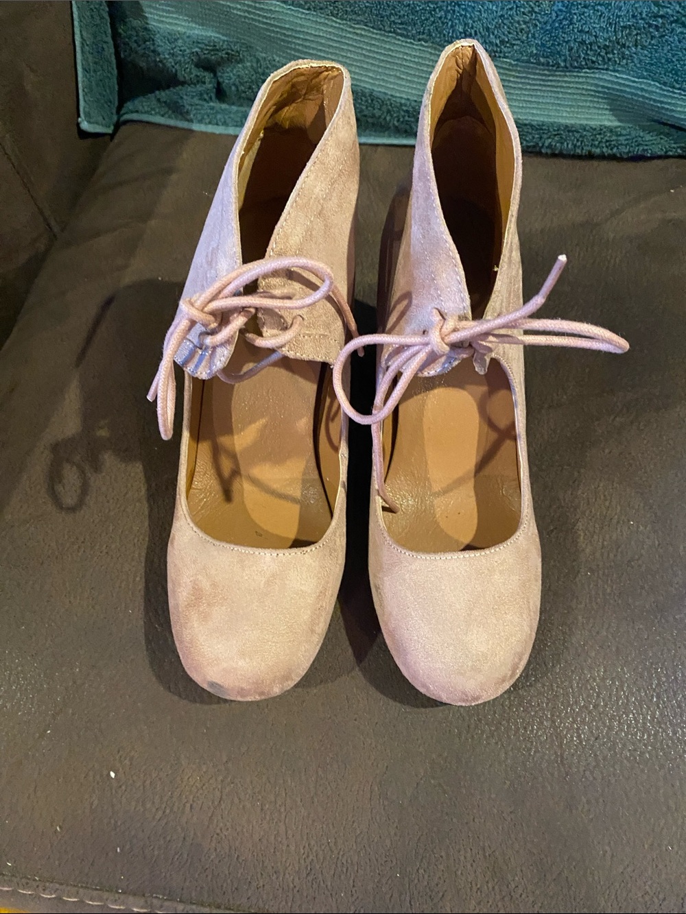 Qupid Blush Pink Suede Lace-Up Block Heels